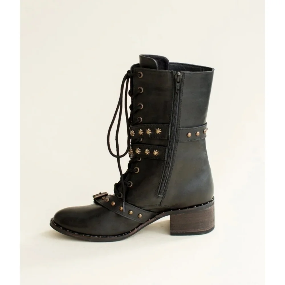 Joyfolie Rory Leather Combat/Military Boot in Distressed Black NWOT
